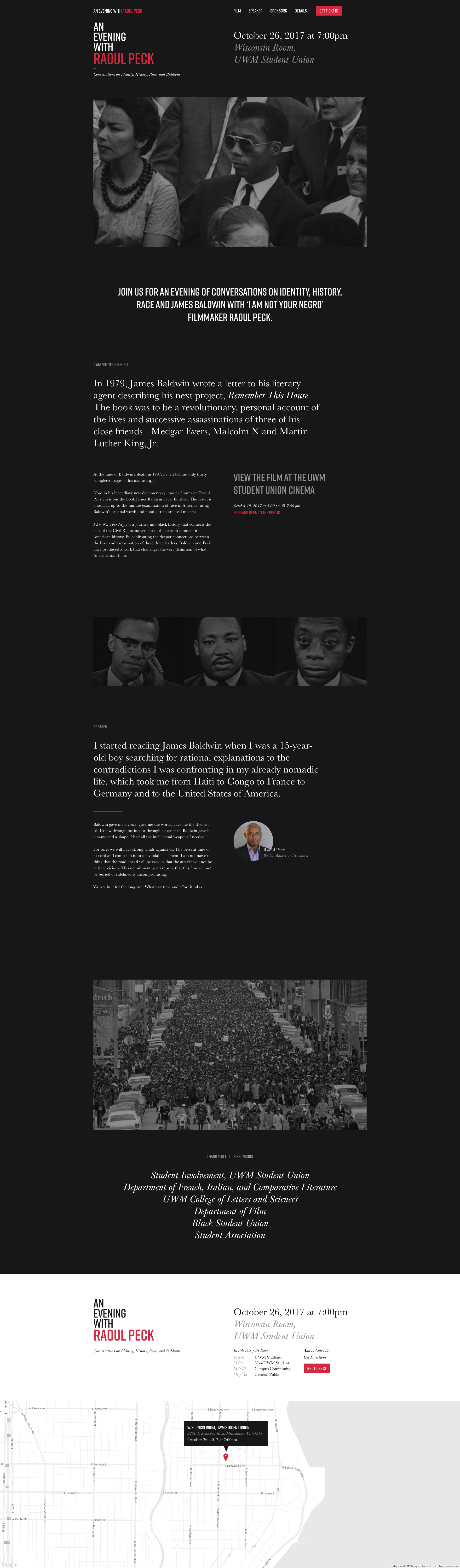 Neue Now Design Co / Dave Kriebel / The Race in Place Project / Promotional Event Website for The Race in Place Project's 'An Evening with Raoul Peck'